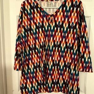 Anne Klein 3x multicolor horizontal tunic top keyhole on neck 3/4 sleeves polyes